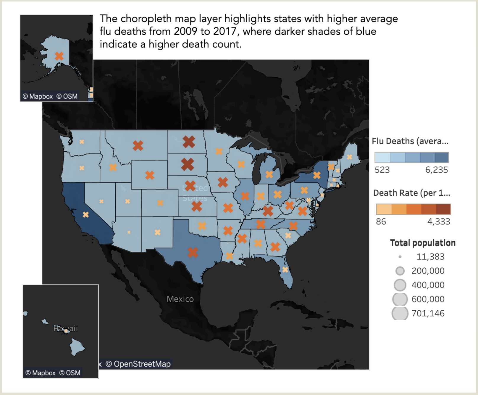 Choropleth Map Normalizing Flu Deaths by Population Size